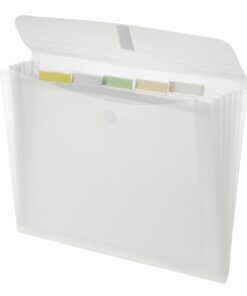 De documentenmap van Foldersys heeft afmetingen van 330x250mm. In de map zitten 5 binnenvakken en tabs waar je inhoud geordend kunt bewaren. De matte transparante kleur is neutraal en professioneel voor in iedere kast of tas. Verkocht per 10 stuks in verschillende kleuren.