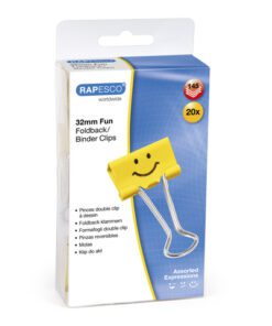 De geel omslagklemmen van Rapesco zijn bedrukt met een emoji patroon. Het zijn leuke alternatieven voor paperclips en worden geleverd per 20 stuks in een doosje. De klemmen kunnen tot wel 145 vellen papier tegelijk binden en beschadigd de papieren niet. De breedte van de klemmen is 32mm.