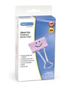 De lichtroze omslagklemmen van Rapesco zijn bedrukt met een emoji patroon. Het zijn leuke alternatieven voor paperclips en worden geleverd per 20 stuks in een doosje. De klemmen kunnen tot wel 145 vellen papier tegelijk binden en beschadigd de papieren niet. De breedte van de klemmen is 32mm.