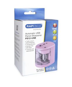 houtskool- en kleurpotloden en kan 10 tot 12 potloden per minuut slijpen. Werkt via USB-kabel (meegeleverd) of 4x AA batterijen (niet meegeleverd). De puntenslijper heeft een afneembare slijpsel bak om rommel op slaan