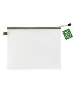 De etui "Phat-Bag" in A4 formaat van Foldersys heeft afmetingen van 357x272mm. Het is gemaakt van PVC-vrije folie. De ritssluiting heeft een taupe kleur en beschermd de inhoud en aan de rits is afneembare koord gemaakt.