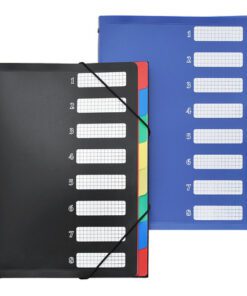 De sorteermap van Foldersys heeft afmetingen van 320x247mm. De map heeft 8 verschillende gekleurde tabs en 3 binnenvlappen waardoor de inhoud goed en geordend gescheiden kan worden.